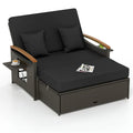 Patio Rattan Daybed with Adjustable Backrest, 2-Person Outdoor Wicker Loveseat with Storage Ottoman, Acacia Wood Armrest & Folding Tray