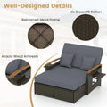 Patio Rattan Daybed with Adjustable Backrest, 2-Person Outdoor Wicker Loveseat with Storage Ottoman, Acacia Wood Armrest & Folding Tray