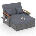 Patio Rattan Daybed with Adjustable Backrest, 2-Person Outdoor Wicker Loveseat with Storage Ottoman, Acacia Wood Armrest & Folding Tray