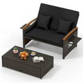 Patio Rattan Daybed with Adjustable Backrest, 2-Person Outdoor Wicker Loveseat with Storage Ottoman, Acacia Wood Armrest & Folding Tray