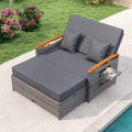 Patio Rattan Daybed with Adjustable Backrest, 2-Person Outdoor Wicker Loveseat with Storage Ottoman, Acacia Wood Armrest & Folding Tray