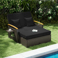 Patio Rattan Daybed with Adjustable Backrest, 2-Person Outdoor Wicker Loveseat with Storage Ottoman, Acacia Wood Armrest & Folding Tray