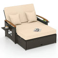 Patio Rattan Daybed with Adjustable Backrest, 2-Person Outdoor Wicker Loveseat with Storage Ottoman, Acacia Wood Armrest & Folding Tray