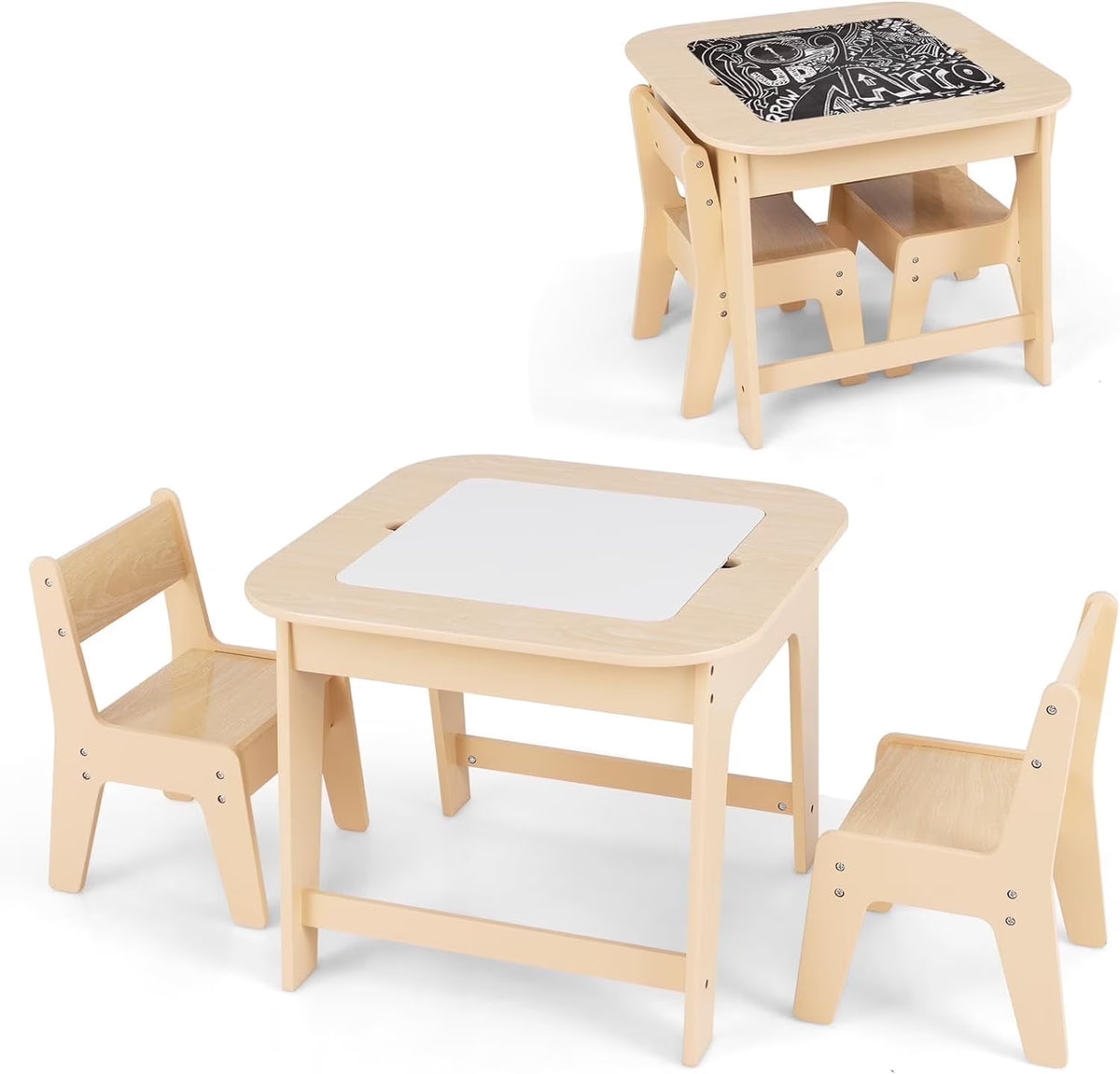 OLAKIDS Kids Table and Chair Set, 3 in 1 Wooden Activity Table with Removable Tabletop, Blackboard and Whiteboard for Toddlers Arts Crafts Drawing Reading Playing, Playroom Nursery (Natural)