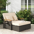 Patio Rattan Daybed with Adjustable Backrest, 2-Person Outdoor Wicker Loveseat with Storage Ottoman, Acacia Wood Armrest & Folding Tray