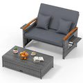 Patio Rattan Daybed with Adjustable Backrest, 2-Person Outdoor Wicker Loveseat with Storage Ottoman, Acacia Wood Armrest & Folding Tray