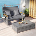Patio Rattan Daybed with Adjustable Backrest, 2-Person Outdoor Wicker Loveseat with Storage Ottoman, Acacia Wood Armrest & Folding Tray