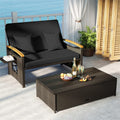 Patio Rattan Daybed with Adjustable Backrest, 2-Person Outdoor Wicker Loveseat with Storage Ottoman, Acacia Wood Armrest & Folding Tray