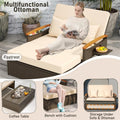 Patio Rattan Daybed with Adjustable Backrest, 2-Person Outdoor Wicker Loveseat with Storage Ottoman, Acacia Wood Armrest & Folding Tray