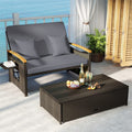 Patio Rattan Daybed with Adjustable Backrest, 2-Person Outdoor Wicker Loveseat with Storage Ottoman, Acacia Wood Armrest & Folding Tray