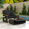 Patio Rattan Daybed with Adjustable Backrest, 2-Person Outdoor Wicker Loveseat with Storage Ottoman, Acacia Wood Armrest & Folding Tray