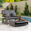 Patio Rattan Daybed with Adjustable Backrest, 2-Person Outdoor Wicker Loveseat with Storage Ottoman, Acacia Wood Armrest & Folding Tray