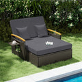 Patio Rattan Daybed with Adjustable Backrest, 2-Person Outdoor Wicker Loveseat with Storage Ottoman, Acacia Wood Armrest & Folding Tray