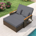 Patio Rattan Daybed with Adjustable Backrest, 2-Person Outdoor Wicker Loveseat with Storage Ottoman, Acacia Wood Armrest & Folding Tray