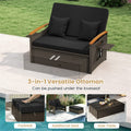 Patio Rattan Daybed with Adjustable Backrest, 2-Person Outdoor Wicker Loveseat with Storage Ottoman, Acacia Wood Armrest & Folding Tray