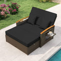Patio Rattan Daybed with Adjustable Backrest, 2-Person Outdoor Wicker Loveseat with Storage Ottoman, Acacia Wood Armrest & Folding Tray