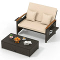 Patio Rattan Daybed with Adjustable Backrest, 2-Person Outdoor Wicker Loveseat with Storage Ottoman, Acacia Wood Armrest & Folding Tray