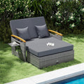 Patio Rattan Daybed with Adjustable Backrest, 2-Person Outdoor Wicker Loveseat with Storage Ottoman, Acacia Wood Armrest & Folding Tray