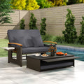 Patio Rattan Daybed with Adjustable Backrest, 2-Person Outdoor Wicker Loveseat with Storage Ottoman, Acacia Wood Armrest & Folding Tray