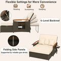 Patio Rattan Daybed with Adjustable Backrest, 2-Person Outdoor Wicker Loveseat with Storage Ottoman, Acacia Wood Armrest & Folding Tray