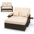 Patio Rattan Daybed with Adjustable Backrest, 2-Person Outdoor Wicker Loveseat with Storage Ottoman, Acacia Wood Armrest & Folding Tray